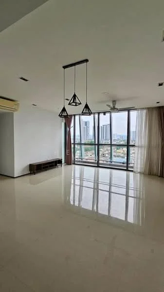 Living features: floor-to-ceiling windows, city view, white painted walls, polished marble flooring, 5-blade ceiling fan, 3 pendant lights, wall-mounted TV console, curtains, air conditioning unit; style: modern.