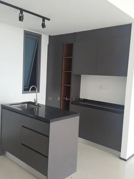 Kitchen features: grey cabinetry, black granite countertop, single-bowl stainless-steel sink, chrome pull-down faucet, open shelving, built-in appliances, recessed downlights, white walls, tile flooring; style: modern.
