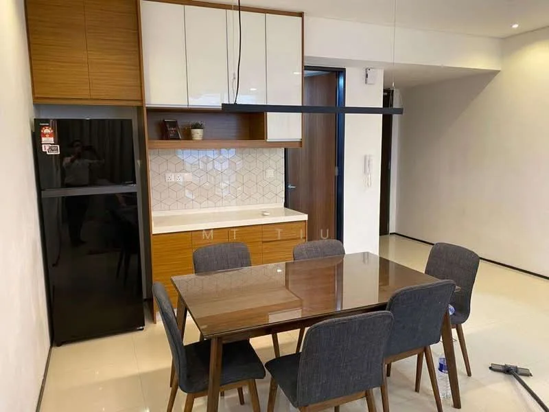 Dining features: wooden dining table, upholstered dining chairs in grey, white cabinetry with wood accents, hexagonal tile backsplash, built-in cabinets, recessed ceiling lights, floor-to-ceiling window, cream painted walls, light-colored tiled flooring; style: modern.
