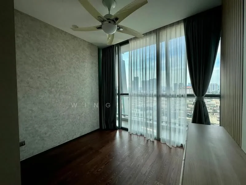 Room features: wooden flooring, grey textured wall, floor-to-ceiling windows, sheer curtains, blackout curtains, 5-blade ceiling fan with light, built-in wooden shelf, city view; style: modern; view: city.