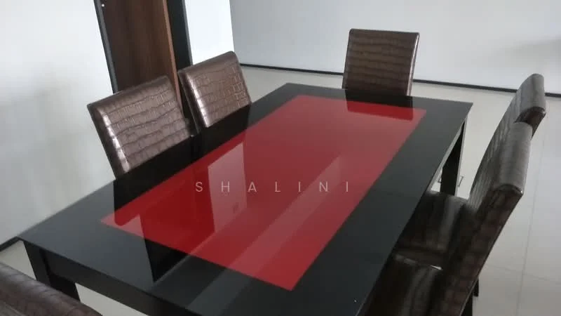 Dining features: black glass dining table with red center, 6 brown upholstered dining chairs, smooth tile flooring, white painted walls, minimalist decor; style: modern.