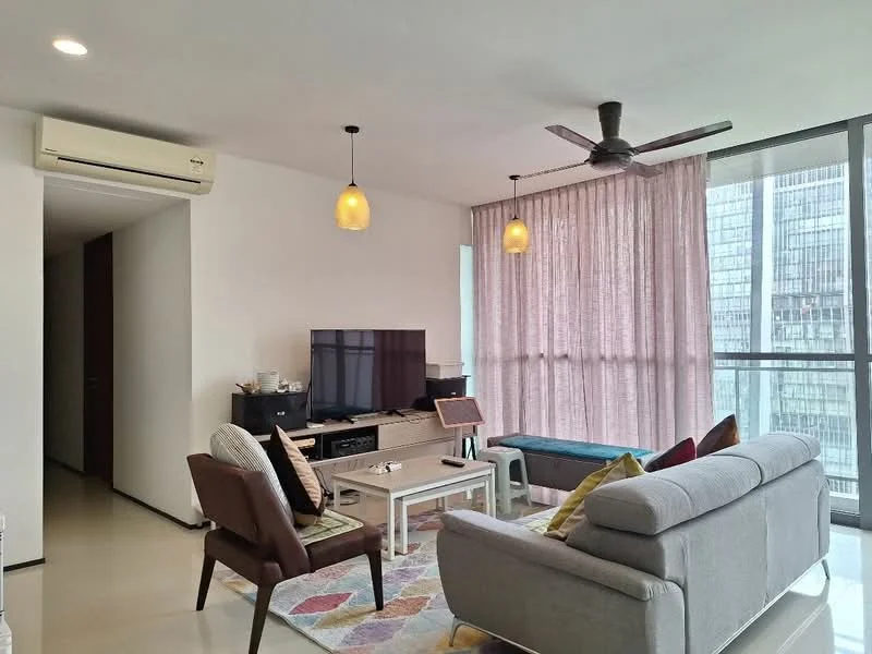 Living features: 3-seater fabric sofa in grey, 2 armchairs in dark wood, coffee table, TV console, wall-mounted TV, area rug with geometric pattern, 5-blade ceiling fan with light, pendant lights, floor-to-ceiling windows, sheer curtains, light-coloured walls, tile flooring, air conditioning unit; style: modern; view: city.