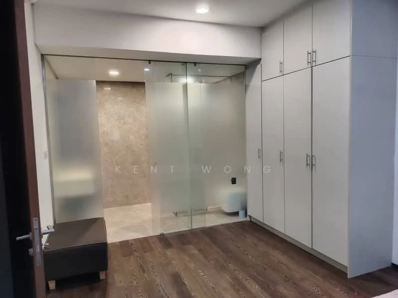 Room features: wooden flooring, built-in cabinets with light grey finish, glass shower enclosure, neutral stone wall, recessed downlights, frosted glass partition, black leather bench, white toilet, wall-mounted toilet paper holder; style: modern.
