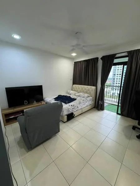 Bedroom features: queen-size bed with upholstered headboard, bedding with floral pattern, 2 bedside lamps, wall-mounted TV, TV console, grey fabric armchair, floor-to-ceiling windows, curtains, tile flooring, ceiling fan with light, balcony access; style: modern; view: city.