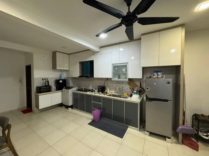 Kitchen features: white and grey cabinetry, stainless-steel fridge, built-in oven, freestanding microwave, black countertop, single-bowl stainless-steel sink, chrome pull-down faucet, ceramic tile flooring, 5-blade ceiling fan with light, recessed downlights, kitchen island, dishwasher, open shelving, wall-mounted cabinets, floor mat; style: modern.