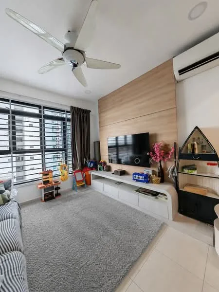 Living features: 3-seater fabric sofa in grey, ceiling fan, wall-mounted TV, TV console in white, decorative shelving unit, area rug with solid pattern, large windows with black horizontal blinds, curtains in dark brown, decorative flowers in vase, children's toys visible, light-colored tiled flooring, wood accent wall behind TV; style: modern; view: city.