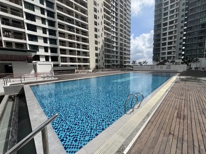 Exterior type: high-rise condominium; features: infinity pool, pool deck with loungers, surrounding high-rise buildings, tiled pool surface with blue mosaic pattern, wooden decking around the pool, sunny outdoor area, clear blue sky, landscaped surroundings; style: modern.