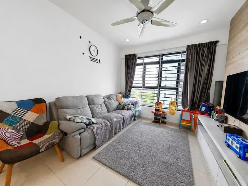 Living features: light grey fabric sofa, 3-seater sofa, armchair with patchwork upholstery, area rug in grey, wall-mounted TV, white TV console, large windows with black frames, sheer curtains, decorative wall clock, ceiling fan with light, wooden shelving unit, toys and children's furniture, neutral painted walls, tile flooring; style: modern; view: city.