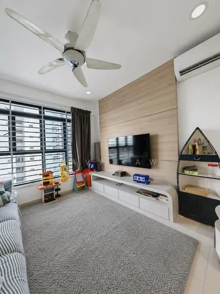 Living features: 5-blade ceiling fan with light, wall-mounted TV, white TV console, grey area rug, large windows with black metal grilles, curtains in dark brown, light wood accent wall, shelves with decorative items, children's toys, sofa with striped upholstery; style: modern.