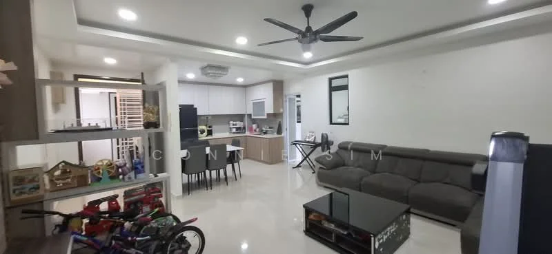 Living features: 3-seater fabric sofa in grey, coffee table with glass top, ceiling fan with light, recessed downlights, wall-mounted TV, tile flooring, white painted walls, open-plan layout with dining area, decorative shelving unit, children's toys visible; style: modern. Dining features: 4-seater dining table, black dining chairs, kitchenette visible in background, white cabinetry, stainless-steel appliances; style: modern.