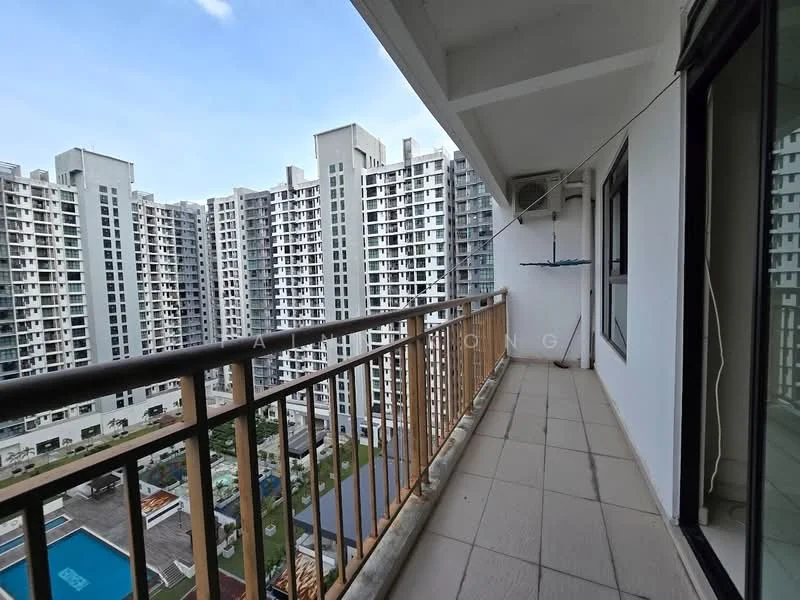Room features: balcony, tile flooring, metal railing, view of surrounding buildings, outdoor space, laundry line, sliding glass door access, overhead ceiling; style: modern; view: city.