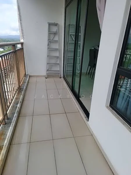 Balcony features: tiled flooring, glass sliding door, metal railing, ladder, city view; style: modern; view: city.