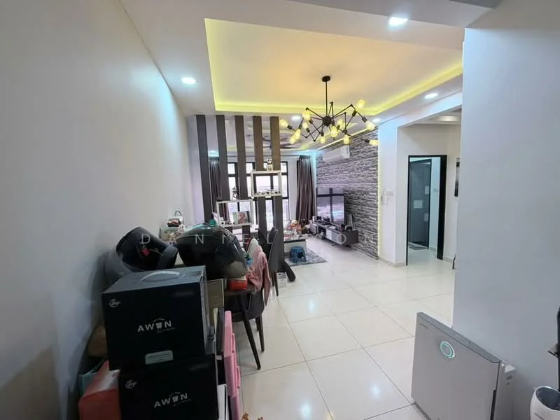 Room features: white painted walls, recessed ceiling with LED lighting, ceramic tile flooring, chandelier with multiple bulbs, large windows with sheer curtains, open layout, decorative wall with stone cladding, furniture including boxes and storage items; style: modern.