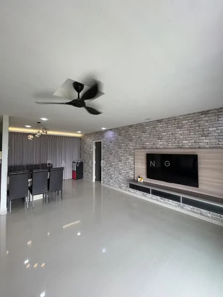 Living features: grey stone accent wall, white painted walls, polished tile flooring, 5-blade ceiling fan, recessed downlights, wall-mounted TV, TV console with storage, large windows with sheer curtains; style: modern. Dining features: 6-seater dining table, upholstered dining chairs, curtains, chandelier lighting; style: modern.