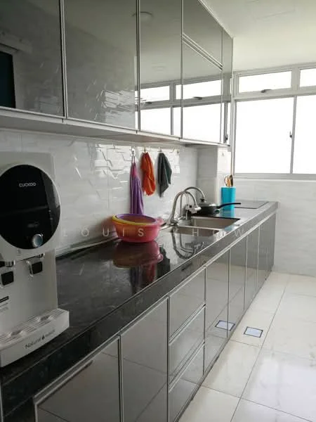 Kitchen features: black granite countertop, grey high-gloss cabinetry, white tiled backsplash, stainless-steel sink, chrome pull-down faucet, built-in water dispenser, kitchen utensils hanging, large window providing natural light, white ceramic tile flooring; style: modern.
