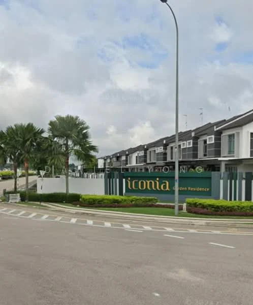 Exterior type: linked terrace house; features: two-storey linked terrace houses, green landscaping with shrubs, palm trees, paved walkway, signage with 'Ironia Garden Residence', curved road, street lighting, manicured lawn; style: modern.