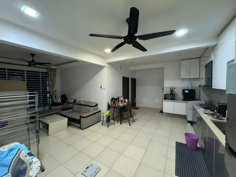 Living features: 3-seater fabric sofa in grey, 2 ceiling fans, dining table with chairs, kitchen cabinetry with countertop, stainless-steel sink, built-in oven, freestanding range oven, tile flooring, white painted walls, recessed downlights, sliding glass door, window treatments, open layout; style: modern.