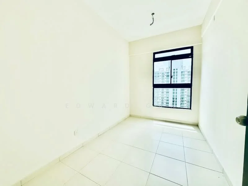 Room features: white painted walls, tile flooring, floor-to-ceiling window, natural light, single light fixture, no visible furniture, minimal decor, neutral color scheme; style: minimalist; view: city.