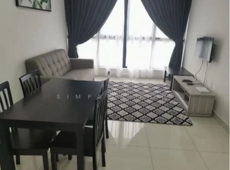 Living features: 3-seater fabric sofa in beige, black dining table for 4, black dining chairs, area rug with geometric pattern, wall-mounted TV, TV console in light wood, floor-to-ceiling windows, sheer curtains, white painted walls, glossy tile flooring; style: modern.