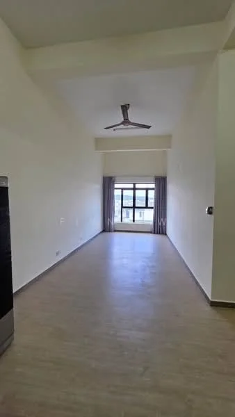 Room features: light-colored painted walls, laminate flooring, high ceiling, ceiling fan, large window with city view, curtains, minimalist decor; style: modern; view: city.