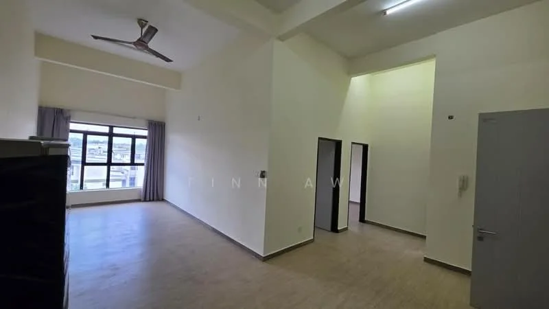 Room features: light-colored painted walls, high ceiling, large windows, floor-to-ceiling windows, laminate flooring, ceiling fan, curtains, doorway leading to another room, neutral color scheme, recessed lighting; style: modern; view: city.