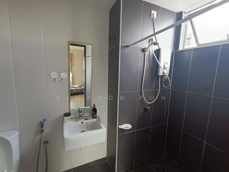 Bathroom features: white wall-mounted sink, chrome basin mixer faucet, full-height grey tile cladding, glass shower enclosure, rain shower head, handheld shower, large mirror, toilet, sliding window, dark floor tiles; style: modern.