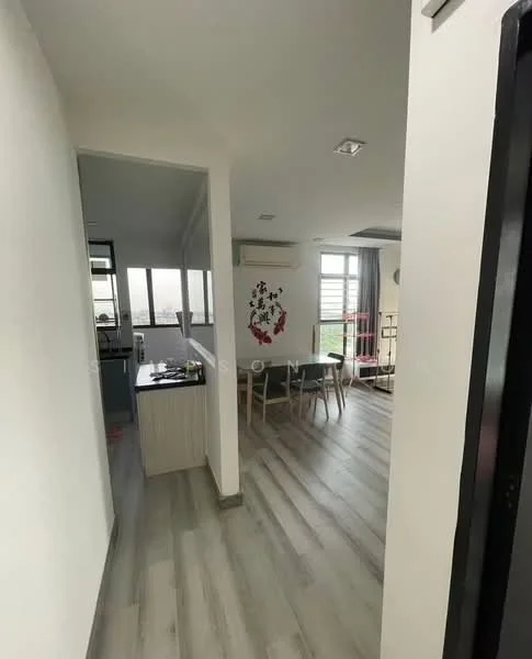 Room features: light grey laminate flooring, white painted walls, large windows with city view, dining table with chairs, kitchen area visible, decorative wall art, recessed ceiling lights, open layout; style: modern; view: city.