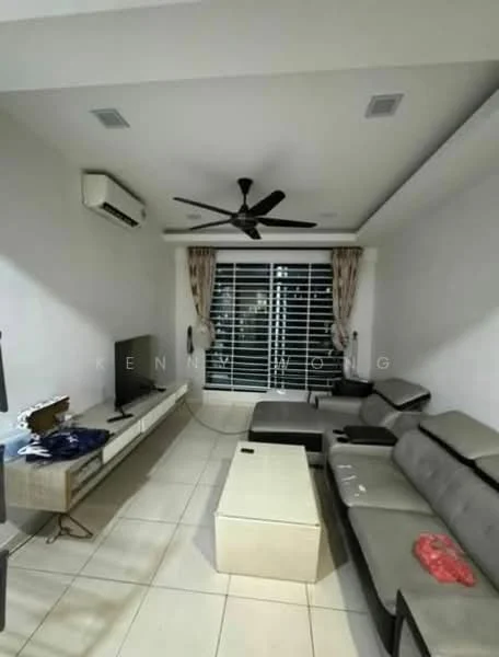 Living features: grey L-shape sectional sofa, white coffee table, TV console, wall-mounted TV, 5-blade ceiling fan with light, 1 wall-mounted split AC, white painted walls, tile flooring, curtains on windows, decorative items on console; style: modern.