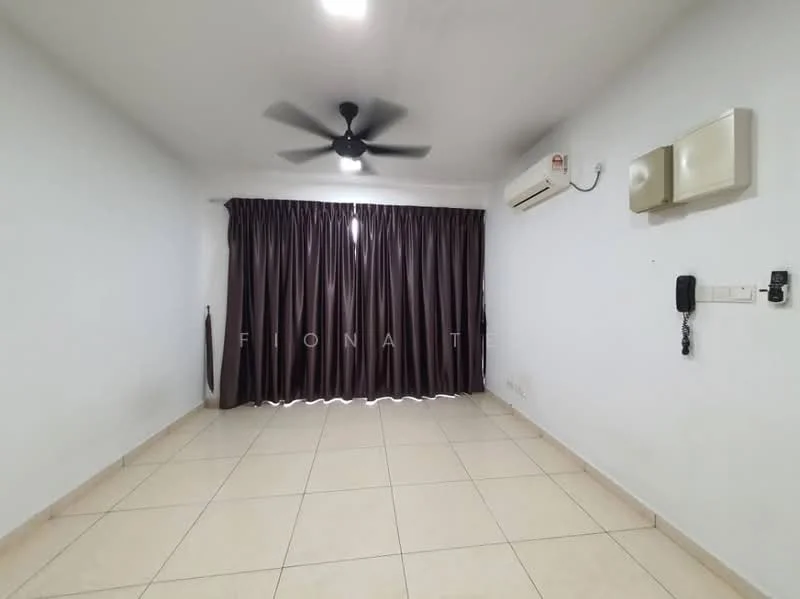 Living features: white painted walls, tile flooring, 5-blade ceiling fan, wall-mounted air conditioning unit, curtains, telephone intercom, light switch, power outlet.