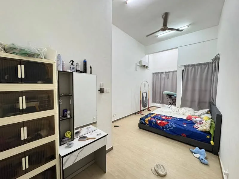 Bedroom features: wooden flooring, white painted walls, 5-blade ceiling fan, wall-mounted split AC, queen-size bed with blue bedding, bedside table, dressing table with mirror, built-in wardrobe, curtains, decorative wall art, stuffed toys on the floor.