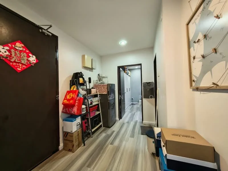Room features: grey laminate flooring, white painted walls, black door, wall-mounted air conditioning unit, storage shelves, shoe rack, decorative wall art, boxes stacked on the floor, light fixture in ceiling; style: modern.
