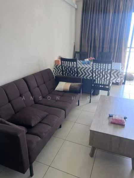 Living features: 3-seater fabric sofa in dark purple, 2 decorative cushions, wooden coffee table, dining table with 6 black dining chairs, chevron-patterned tablecloth, tiled flooring, floor-to-ceiling windows with sheer curtains, wall with neutral paint; style: modern; view: city.