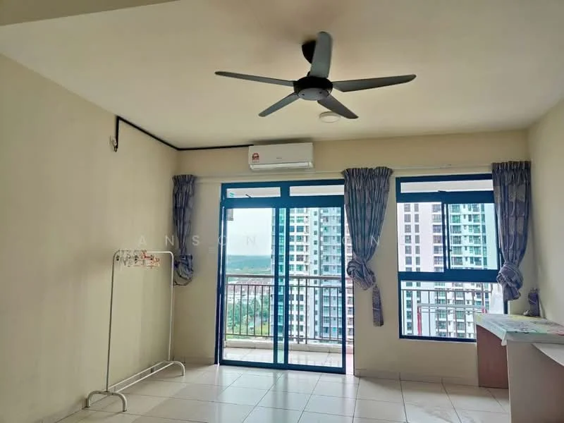 Room features: cream painted walls, white ceiling, floor-to-ceiling windows, sliding glass door, curtains with floral pattern, 5-blade ceiling fan, wall-mounted split AC, tile flooring, balcony view, built-in desk, clothes drying rack; style: modern; view: city.