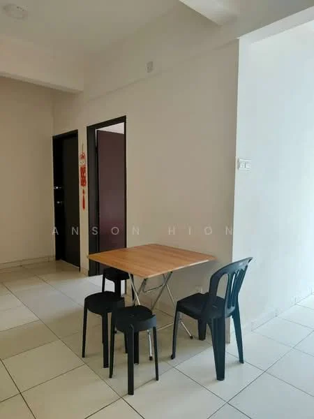 Dining features: square wooden dining table, 4 black plastic chairs, white painted walls, tile flooring, natural light from window, minimalist decor; style: minimalist. Room features: doorway leading to another room, doorway leading to hallway, light fixture on ceiling.