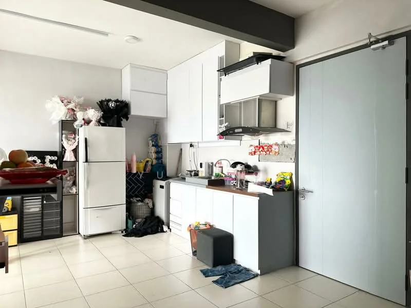 Kitchen features: white cabinetry, stainless-steel fridge, built-in oven, sink, countertop, tile flooring, wall-mounted shelves, kitchen utensils, black storage box, decorative items, grey accent wall, door to another room; style: modern.