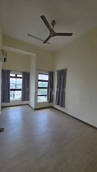 Room features: light wood laminate flooring, cream painted walls, ceiling fan with 3 blades, two windows with black frames, grey curtains, air conditioning unit on wall, window view of city, high ceiling; style: modern; view: city.