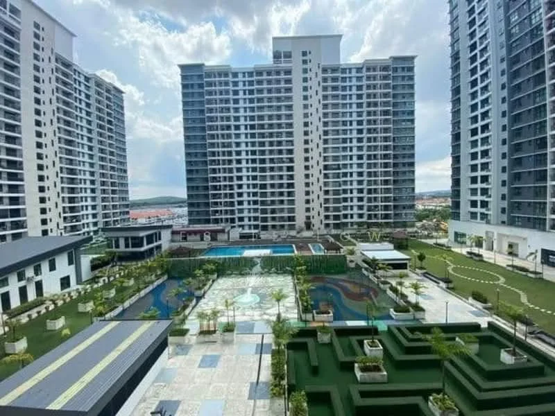 Exterior type: high-rise condominium; features: multiple high-rise buildings, landscaped garden, swimming pool, pool deck with loungers, children's playground, water features, manicured lawns, walking paths, outdoor seating areas, greenery and shrubs, parking area, modern architectural design; style: modern.