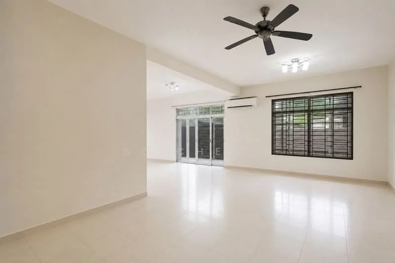 Living features: cream painted walls, polished tile flooring, 5-blade ceiling fan with light, recessed downlights, floor-to-ceiling windows, sliding glass door, wall-mounted split AC, blackout curtains; style: modern.