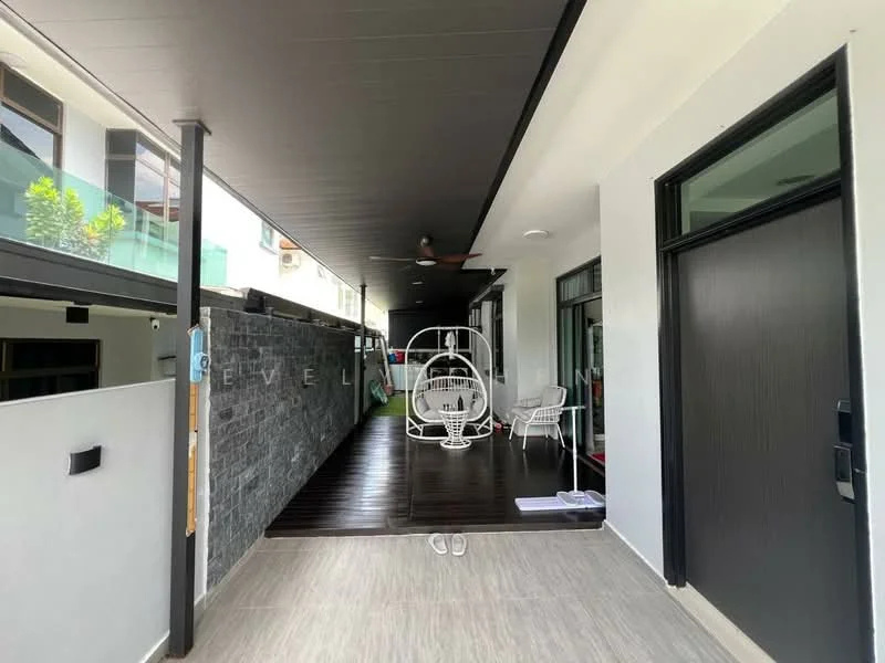 Room features: grey tiled flooring, wooden decking, black stone wall, white walls, ceiling fan, recessed lighting, outdoor seating area, hanging chair, sliding glass door, covered walkway; style: modern; view: garden.