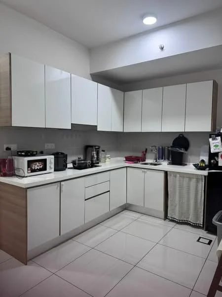 Kitchen features: white glossy cabinetry, laminate wood cabinetry, white countertop, stainless-steel sink, chrome faucet, built-in microwave, freestanding black coffee machine, black toaster, dishwasher, tile flooring, recessed ceiling lights, grey backsplash, open shelving, kitchen towels, kitchen utensils; style: modern.