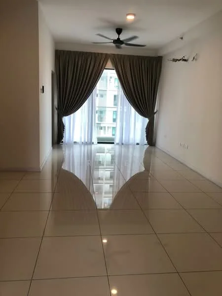 Living features: glossy porcelain tile flooring, white painted walls, 5-blade ceiling fan with light, floor-to-ceiling windows, sheer curtains, heavy drapes, balcony door, recessed lighting; style: modern; view: city.