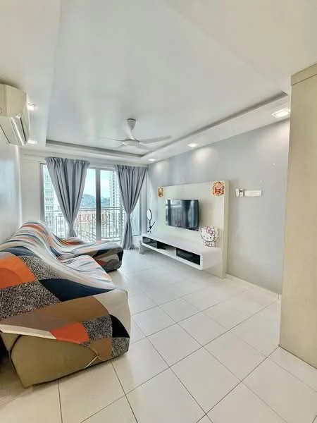 Living features: 3-seater fabric sofa with colorful pattern, white TV console, wall-mounted TV, floor-to-ceiling windows, grey curtains, ceiling fan, recessed downlights, white tiled flooring, decorative wall with artwork, air conditioning unit; style: modern; view: city.