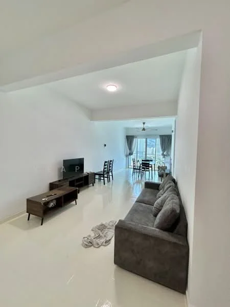 Living features: grey fabric sofa, coffee table, TV console, wall-mounted TV, white painted walls, high ceiling, recessed downlights, floor-to-ceiling windows, sliding glass door, sheer curtains, polished tile flooring, area rug, ceiling fan; style: modern; view: garden. Dining features: 6-seater dining table, wooden dining chairs, white painted walls, high ceiling, polished tile flooring, ceiling fan; style: modern; view: garden.