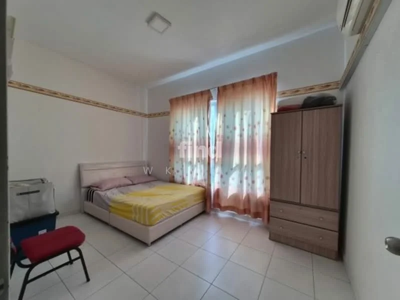 Bedroom features: queen-size bed with upholstered headboard, yellow bedspread, white walls, tile flooring, curtains with floral pattern, built-in wardrobe, 1 wall-mounted split AC, desk chair, window with natural light.