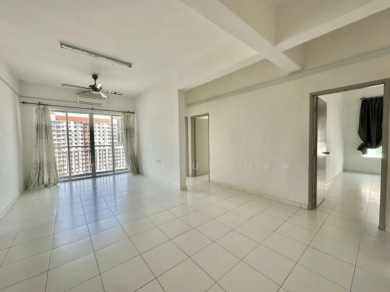 Living features: white painted walls, tile flooring, 5-blade ceiling fan with light, floor-to-ceiling sliding glass doors, curtains, natural light from windows, open layout, access to balcony; style: modern; view: city. Room features: white painted walls, tile flooring, doorway leading to another room.