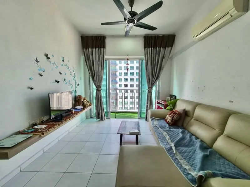 Living features: 3-seater leather sofa in beige, coffee table, wall-mounted TV, floor-to-ceiling windows, sliding glass door, sheer curtains, ceiling fan, white painted walls, tile flooring, decorative wall decals, greenery view from balcony, built-in shelving unit; style: modern; view: city.