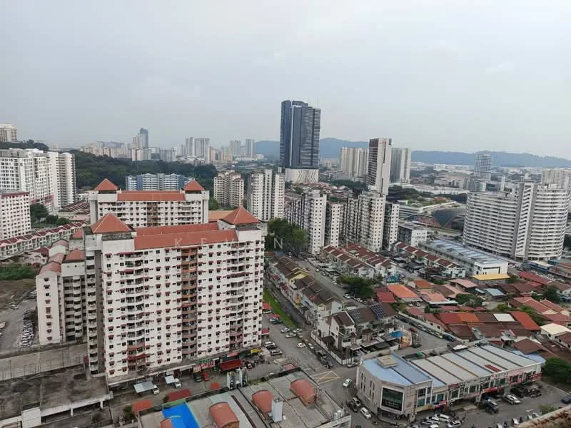 Exterior type: high-rise condominium; features: city skyline view, multiple high-rise buildings, mixed-use development, red-tiled roofs on lower buildings, surrounding greenery, urban landscape, commercial buildings visible, residential blocks with balconies; style: modern.