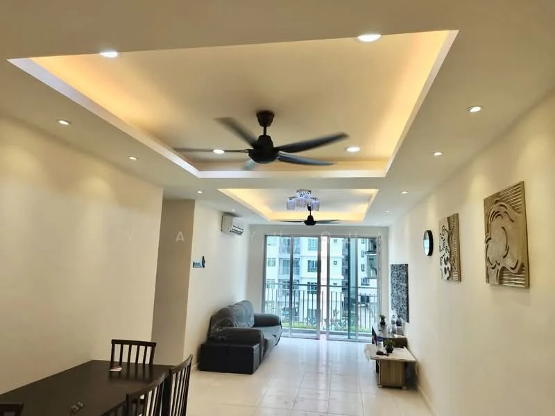 Living features: cream painted walls, white ceiling with recessed lighting, 5-blade ceiling fan with light, sliding glass door, floor-to-ceiling windows, grey fabric sofa, wooden dining table with chairs, decorative wall art, tile flooring, air conditioning unit; style: modern; view: garden.