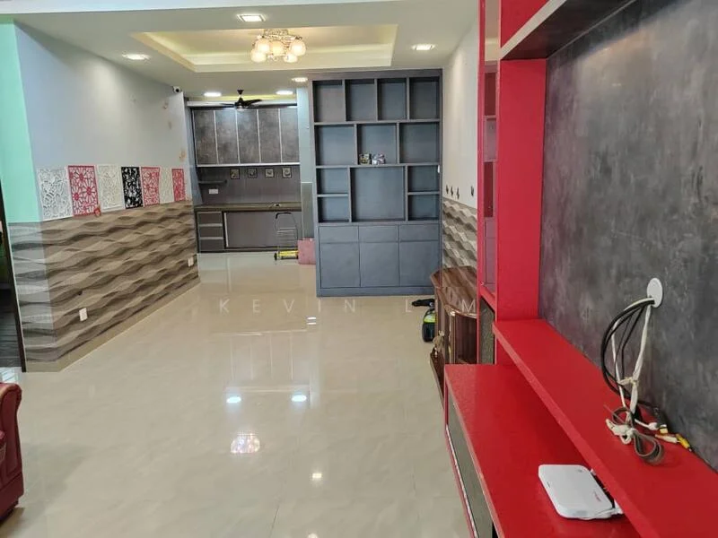 Living features: cream marble tile flooring, grey accent wall, red feature wall, built-in shelving unit in grey, ceiling with recessed downlights, 5-blade ceiling fan, wall-mounted TV console, decorative wall panels, open layout, natural light from windows; style: modern.
