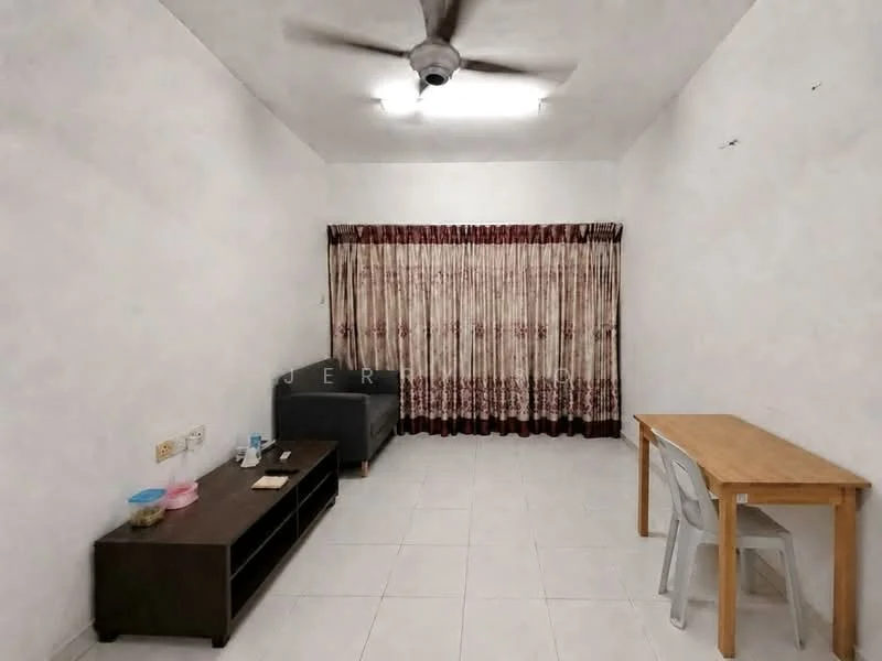 Living features: white painted walls, ceiling fan, tile flooring, large window with curtains, sofa in grey fabric, wooden TV console, wooden dining table, plastic chairs.